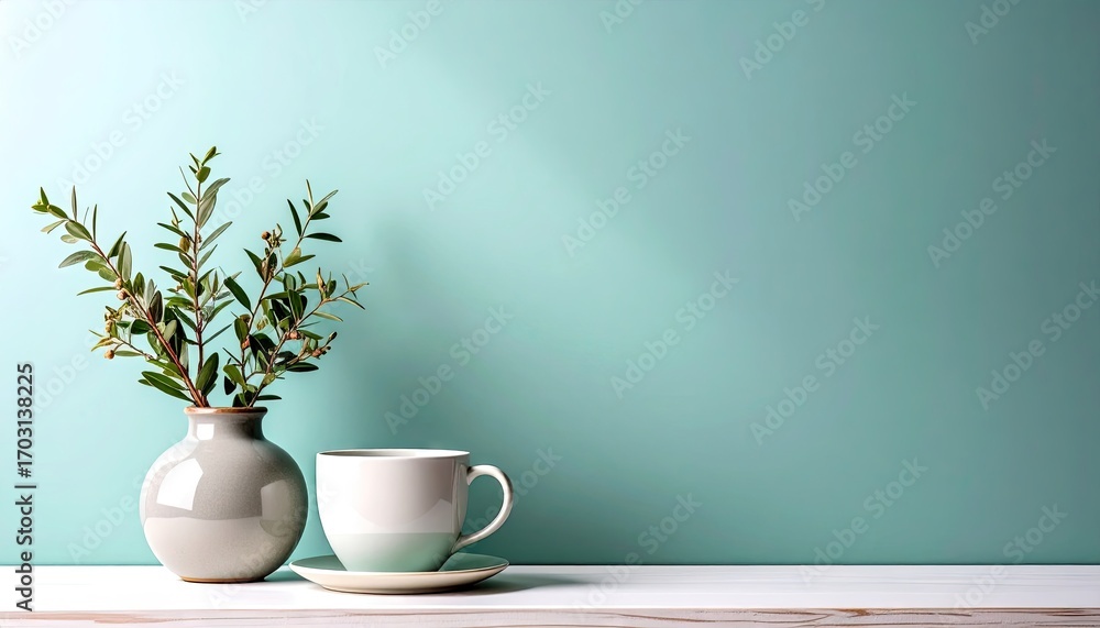 Fototapeta premium Grey Vase with Green Branches and Teacup on White Surface Against Mint Green Wall