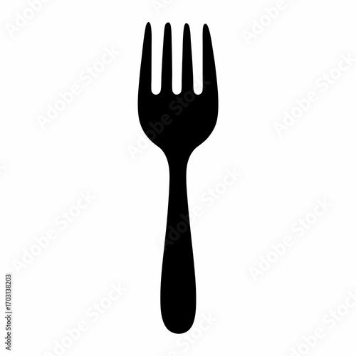 A simple, bold, minimalist black silhouette of a dining fork on white