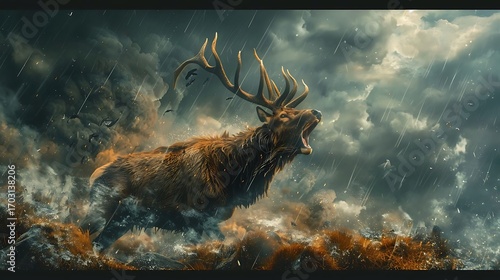 A majestic stag roars amidst a torrential downpour with dramatic stormy skies in the background scene on transparent background silhouette