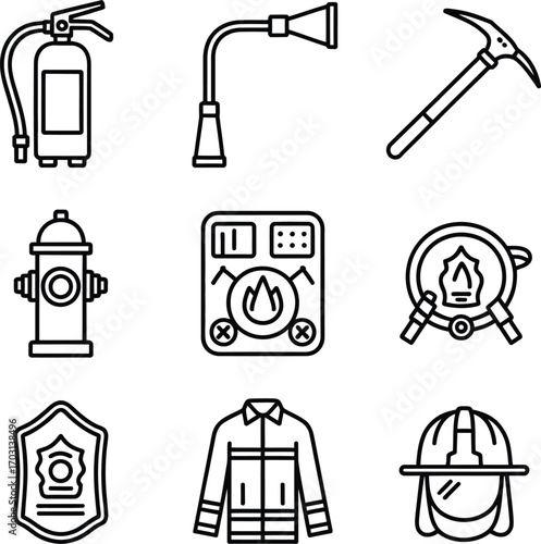 Fire Station Icons. Outline icon set of fire station gear: fire truck, hydrant, fire helmet, axe, hose reel, alarm bell, turnout