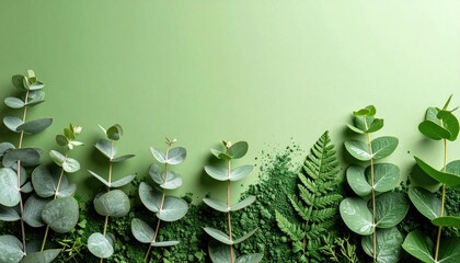 Green Eucalyptus and Fern Border on Pale Green Background