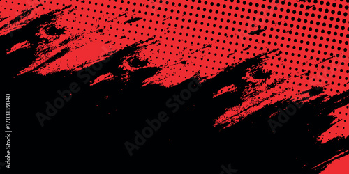 Black abstract background with halftone red dot pattern and black gradient grunge texture. Dotted line comic sports style vector illustration. VOL. 3