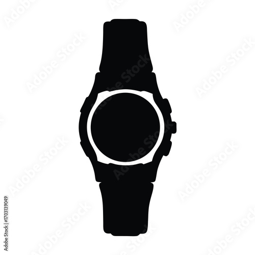 Black silhouette illustration of a wristwatch with digital round display and straps