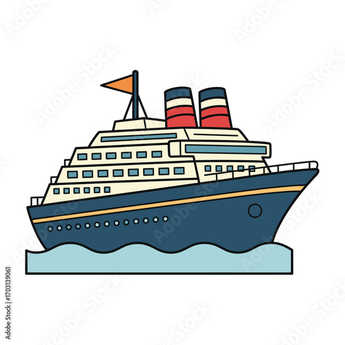 A colorful cartoon illustration of a large ocean liner or cruise ship with two funnels, sailing on blue water waves.