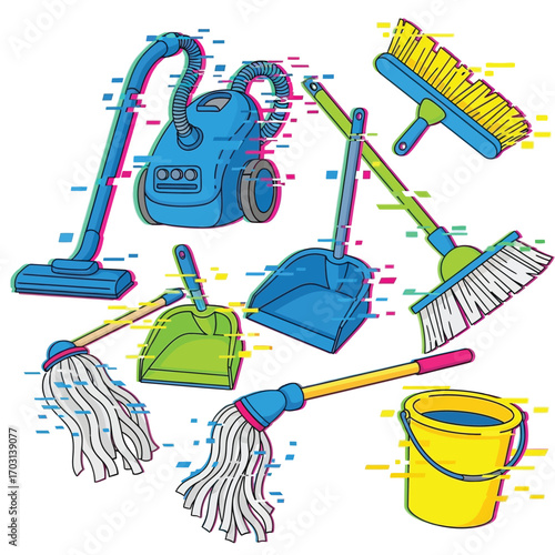 A collection of cleaning supplies including a vacuum cleaner, mops, brooms, dustpans, and a bucket, rendered with a glitch art effect.
