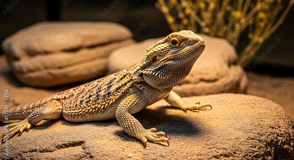 Fototapeta premium Bearded Dragon Lizard Resting on Rocks in a Terrarium.