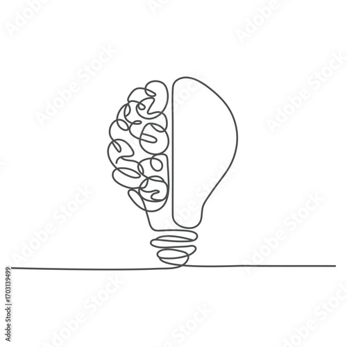 Continuous line art or one line a light bulb half brain logical concept vector for business idea.