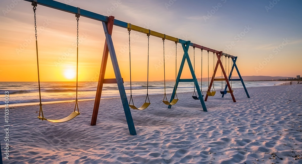 Fototapeta premium Beach Swings at Sunset - A Serene Coastal Scene.