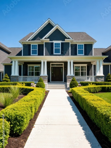 Beautiful modern house exterior suburban neighborhood real estate photography clear blue sky front view contemporary design