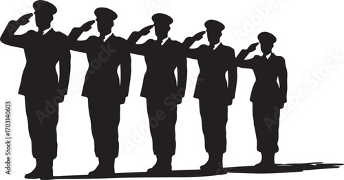 Five black silhouettes of people in military uniforms saluting salute