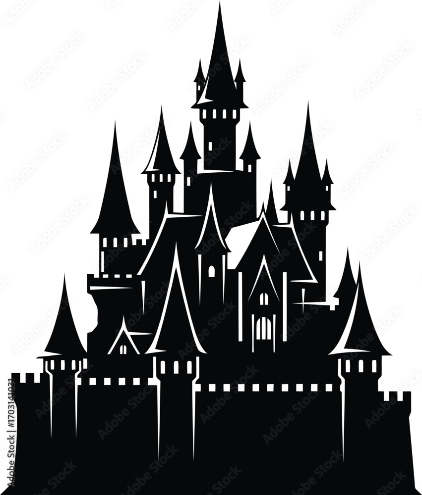 Obraz premium Majestic fantasy castle silhouette symbol fairytale architecture icon vintage storybook silhouette symbol vector