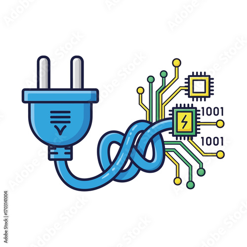 Illustration of an electrical plug connected to a complex circuit board with integrated circuits.