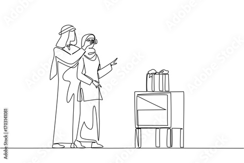 Single one line drawing an arab man standing behind an arab woman covering her eyes. A surprise that is always unexpected. Make the partner happy. Surprise. Continuous line design graphic illustration
