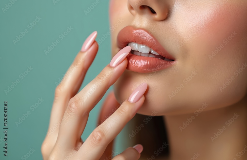 Obraz premium Close-up of woman lips and hand with smooth skin and perfect pink nails. She applies glossy lip balm, enhancing natural beauty. Healthy facial care and subtle makeup shown.