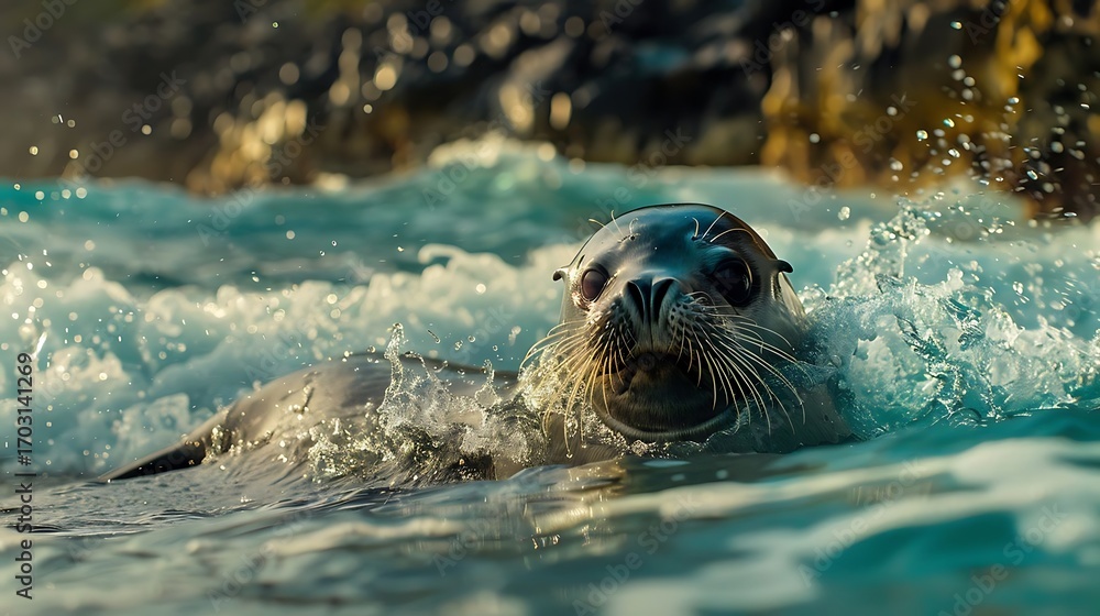 Obraz premium A seal swimming in the ocean with its head above the water near some rocks on the shoreline on transparent background silhouette