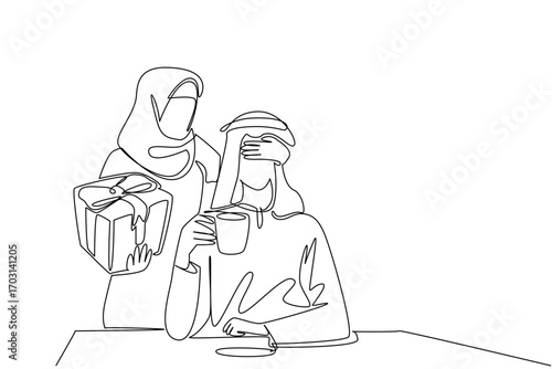 Single continuous line drawing an arab woman standing behind an arab man who sitting enjoying coffee. Surprise anytime anywhere. Happiness. Share. Love. Surprise. One line design vector illustration