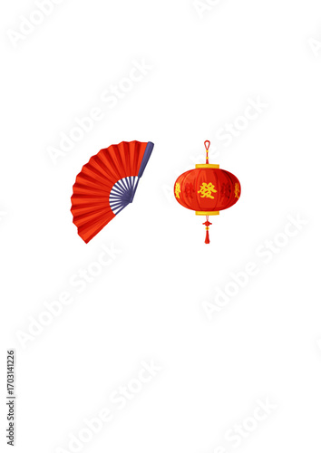 Red paper lantern with tassel and hand fan Vector.ai