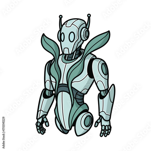 Stylized illustration of a futuristic humanoid robot with organic, leaf-like armor, blending nature and technology.
