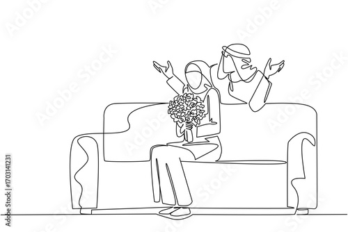 Single one line drawing an arab man standing behind an arab woman sitting on sofa holding bouquet of flowers. Start the day with little surprise. Surprise. Continuous line design graphic illustration