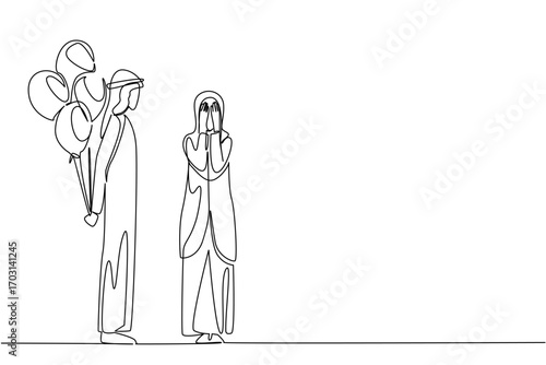 Continuous one line drawing an arab man stands while carrying number of balloons behind his body. There are many ways to make beloved wife happy. Surprise. Single line draw design vector illustration