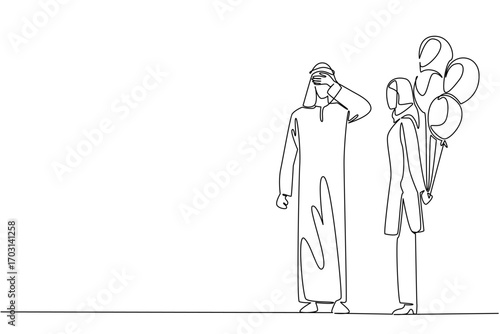 Single one line drawing an arab woman stands while carrying a number of balloons behind her body. Anything for the happiness of beloved partner. Surprise. Continuous line design graphic illustration
