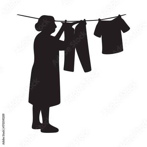 Woman Hanging Clothes on Line Silhouette Illustration