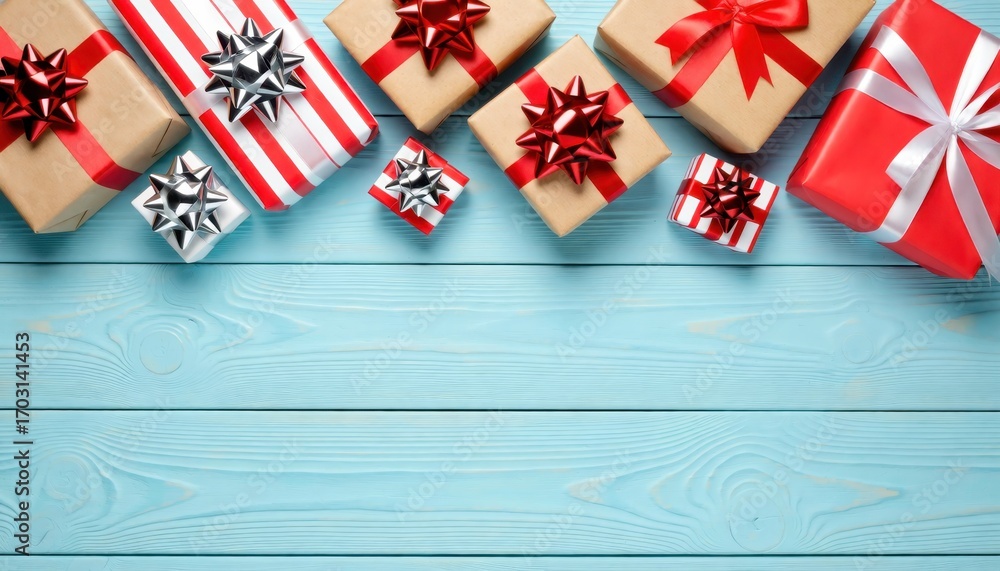Obraz premium Gift giving celebration home image of wrapped presents festive atmosphere top down view holiday spirit