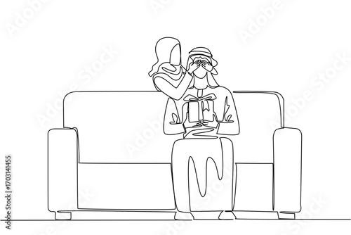 Single one line drawing an arab man sitting on a sofa holding a gift box. There is always a way to create happiness. Love. Care. Perfect couple. Surprise. Continuous line design graphic illustration