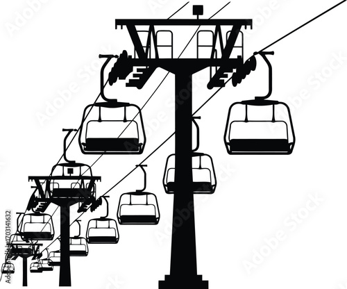 Ski lift gondolas moving up snowy mountain slope aerial transport vacation adventure vector