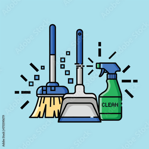 Cleaning tools: broom, dustpan, and spray bottle illustration.