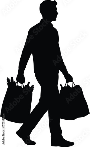 Silhouette man walking with shopping bags purchase lifestyle consumerism weekend activity retail therapy vector