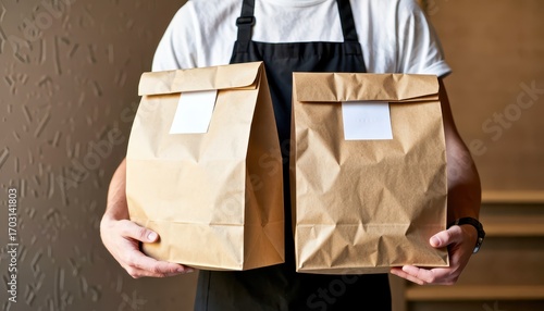 Food delivery action restaurant takeout bags in urban environment close-up view contemporary dining concept