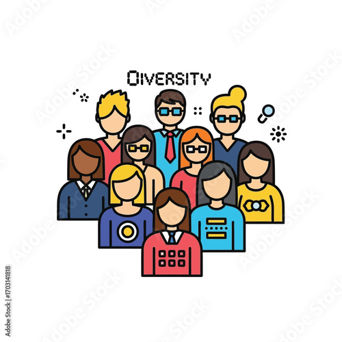 Diverse group of people, representing inclusivity and variety in a colorful graphic design.