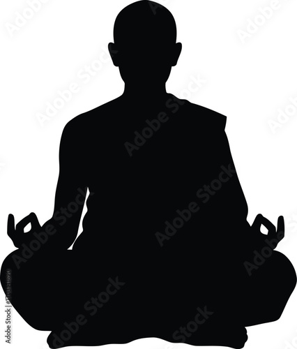 Serene monk silhouette meditating in lotus pose peaceful spiritual enlightenment concept vector