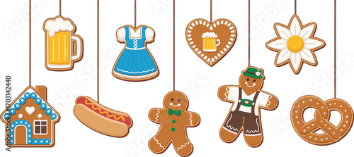 Colorful Oktoberfest gingerbread cookies hanging decoration set with beer mug, pretzel, dress, heart, gingerbread men, flower, sausage.