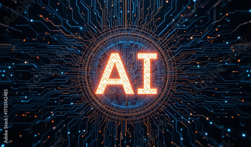 Glowing orange “AI” text centered in a circuit-like digital pattern, symbolizing artificial intelligence, data networks, and futuristic technology on a dark background.
