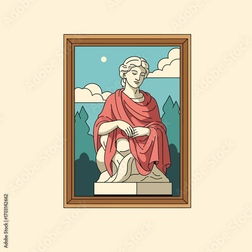 Classical statue in a painted frame, serene pose, outdoors setting.