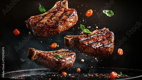Delicious grilled steaks suspended in the air, sizzling over hot coals.