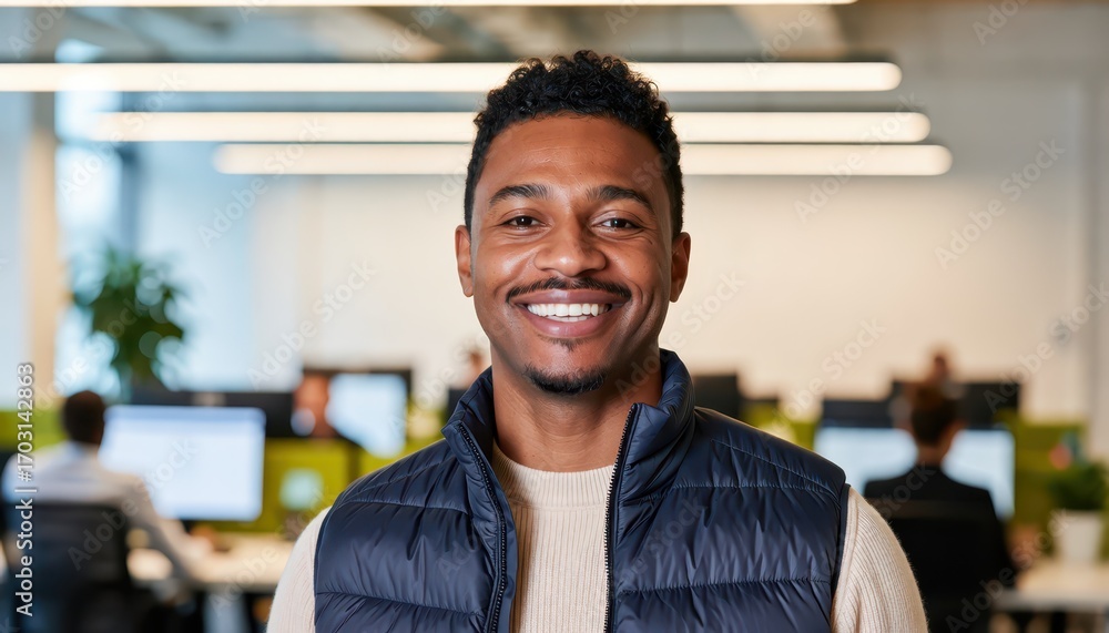Obraz premium Professional smiling man in modern office environment business portrait bright workspace positive vibes