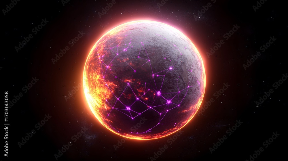 Obraz premium The image shows a planet in space, partially covered in bright orange and red with a network of purple lines and points overlaying the surface and a dark background.