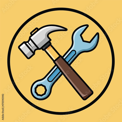 Cartoon illustration of a crossed hammer and wrench, representing tools for repair, construction, or maintenance work.