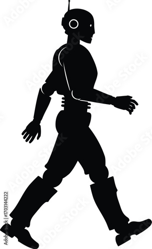 Silhouette of futuristic cyborg humanoid robot walking forward dynamic motion sci-fi concept vector