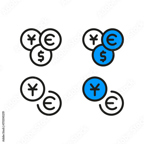Currency Icon Set Dollar, Euro, Yen Symbols,International Finance Icon