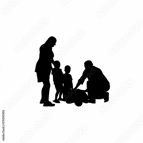 Family silhouette caring for injured street animal on white background