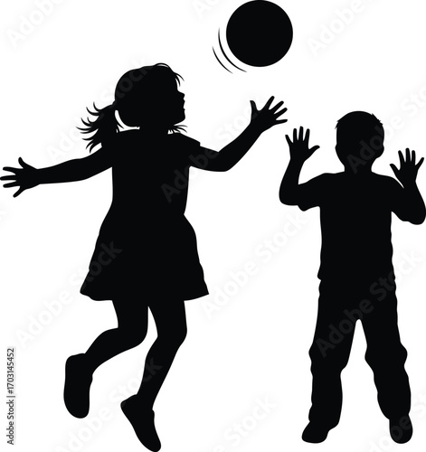 Joyful silhouette of two kids playing catch with a ball energetic childhood fun vector