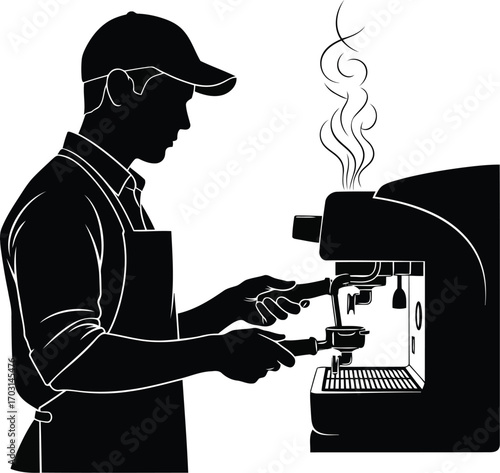 Barista making espresso coffee silhouette illustration with steam from machine vector