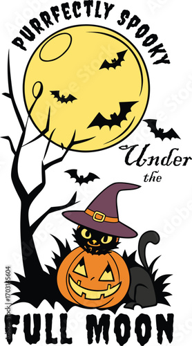 Purrfectly Spooky Under the Full Moon – Black Cat in Pumpkin Halloween T-Shirt Design