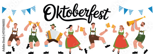 Colorful Oktoberfest illustration with people dancing, drinking beer, playing accordion, wearing traditional Bavarian costumes, and festive decorations