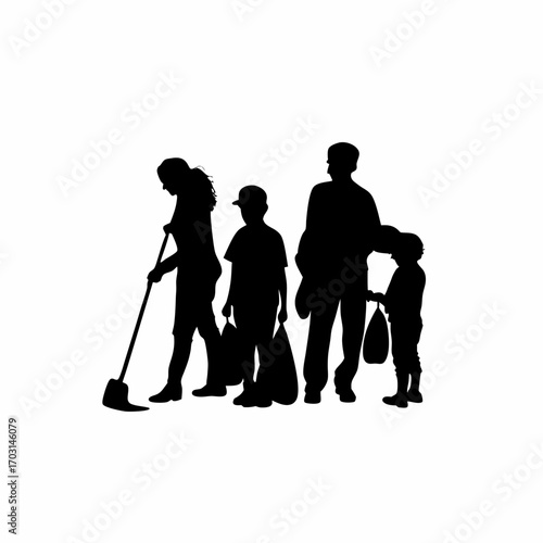 Family participating in neighborhood cleanup community service illustration