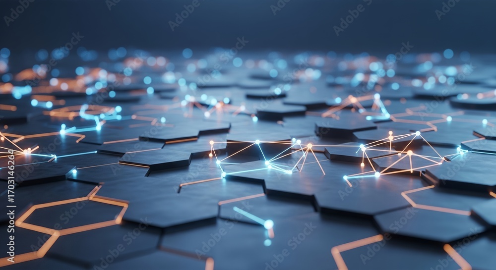 Obraz premium Abstract Hexagonal Network with Glowing Connections Digital Technology Background